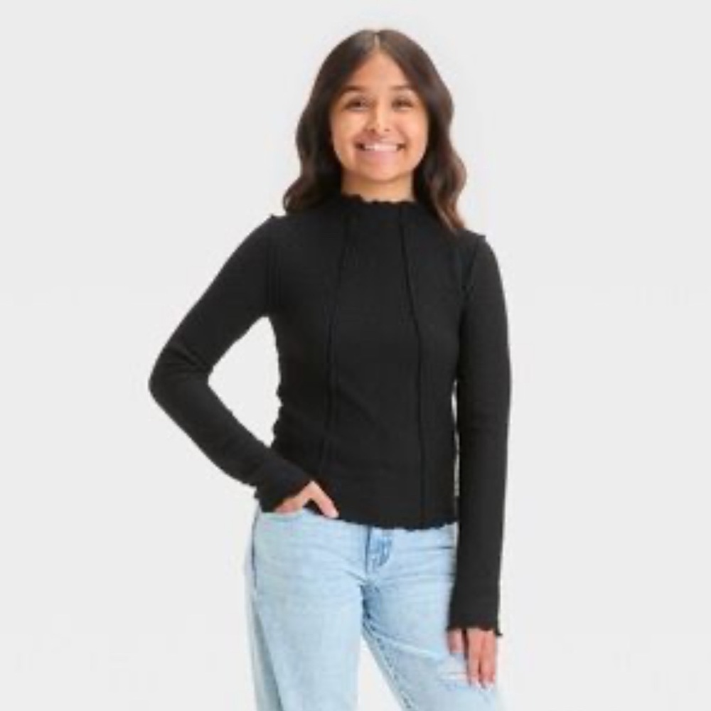 Girls’ Long Sleeve Textured Mock Turtleneck T-Shirt - Art Class™ Black L 10-12